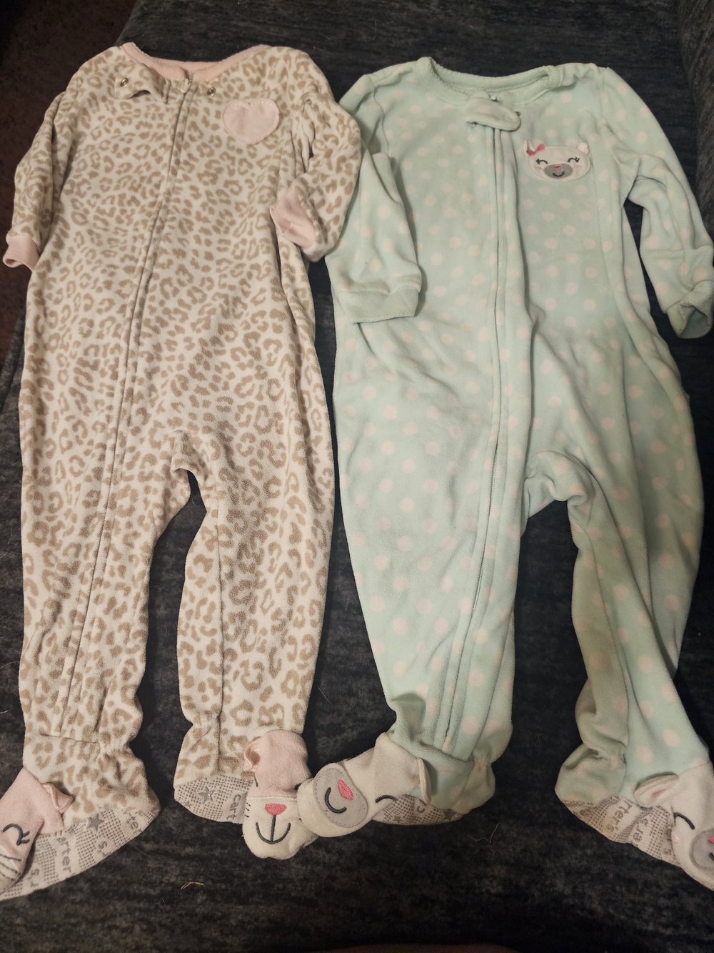 Carter's Pink Leopard & Mint Polka Dot Plush Footed One-Pieces